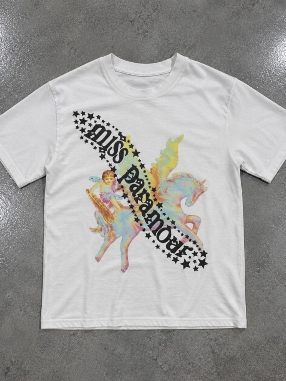 Gildan White Tee with Pastel Unicorn and Black Star Script